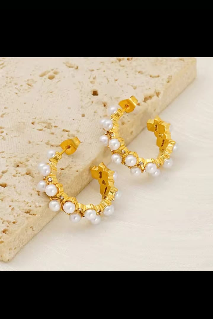 Gold and Pearl Studded Hoops