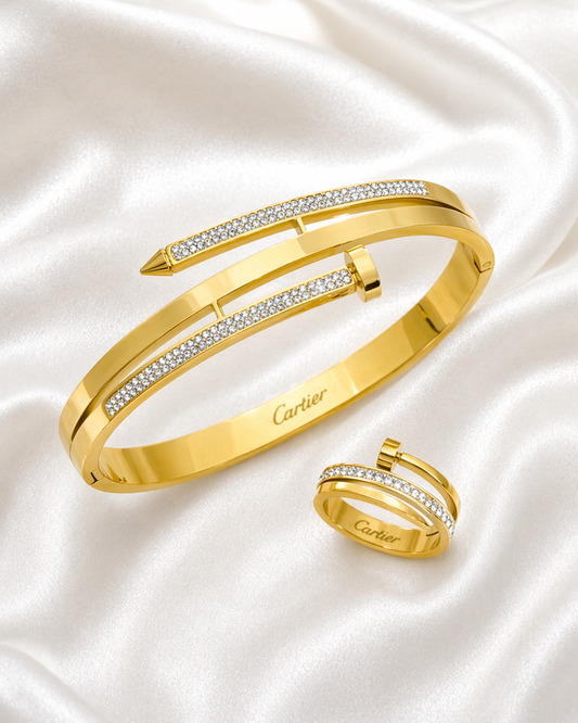 Golden Nail Handcuff Ring Set