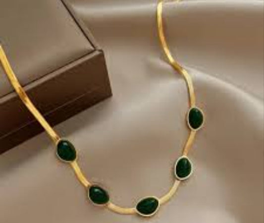 Green Stone Herringbone  Necklace