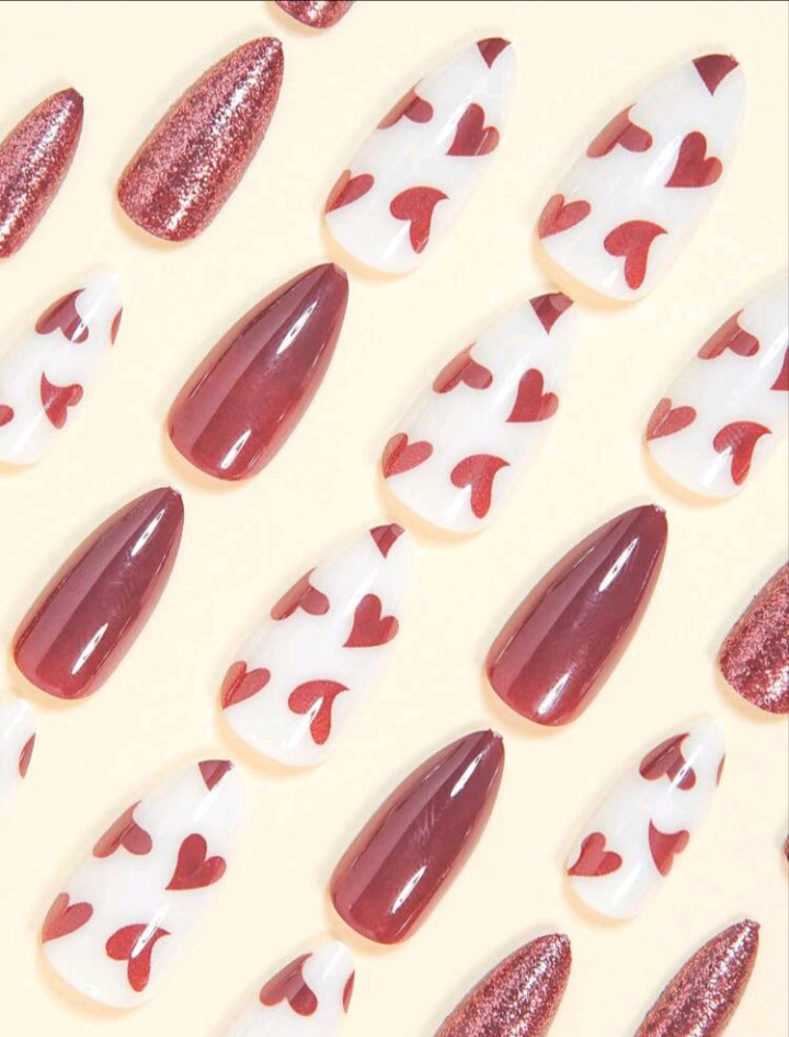 Red Glitter Hearts Nails 💅