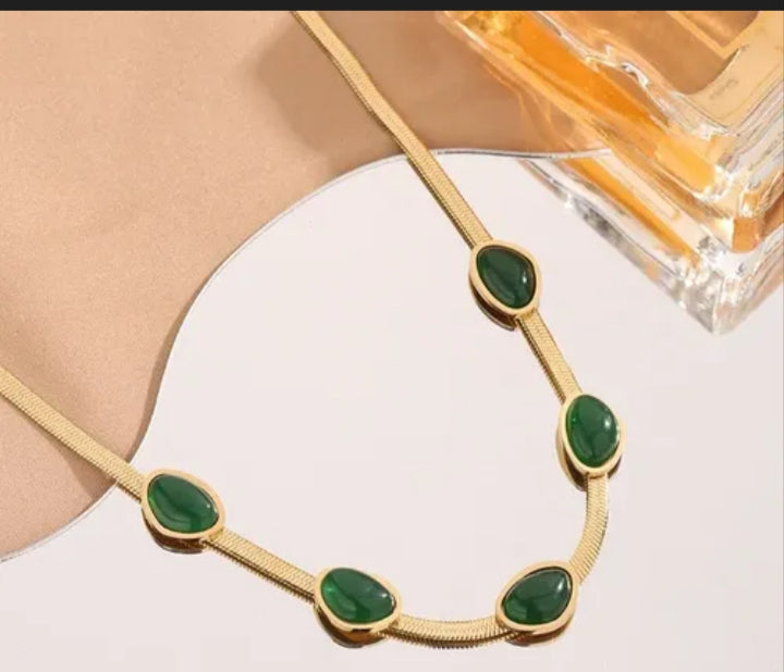 Green Stone Herringbone  Necklace